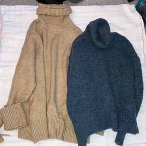 Zara Knit LOT 2 Beige Blue Turtleneck Sweater medium small